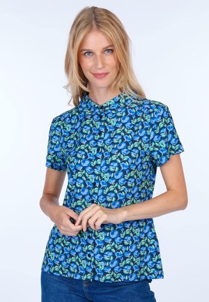 Short-sleeve blouse with a blue floral pattern on a dark blue background. Made of lightweight fabric, features a button-up front and a collar.