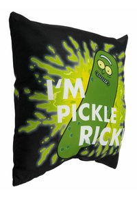 Cuscino nero con un vivace grafico di un cetriolo verde con occhi, accentuato da schizzi gialli e il testo "SONO PICKLE RICK!" in bianco.