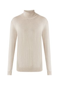 Maglione beige a collo alto con maniche lunghe, realizzato in un tessuto leggero e texture. Presenta un design aderente e polsini a coste.