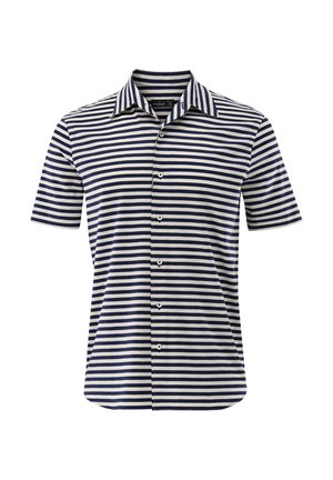 Kurzärmliges Hemd zum Knöpfen mit marineblauen und weißen horizontalen Streifen und klassischem Kragen.