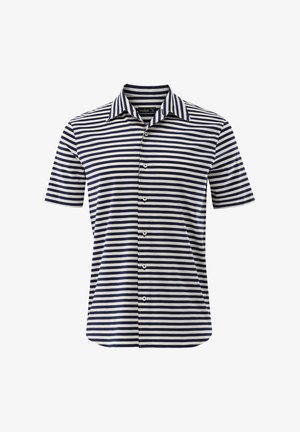 Kurzärmliges Hemd zum Knöpfen mit marineblauen und weißen horizontalen Streifen und klassischem Kragen.