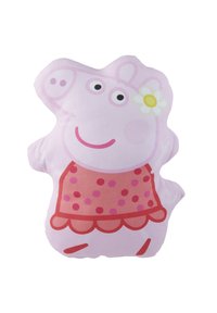 Cuscino di peluche rosa a forma di maialino dei cartoni, con un volto sorridente, grandi occhi e un vestito a pois rossi con un accento floreale.