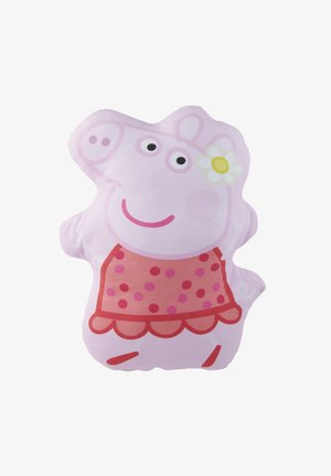 Cuscino di peluche rosa a forma di maialino dei cartoni, con un volto sorridente, grandi occhi e un vestito a pois rossi con un accento floreale.