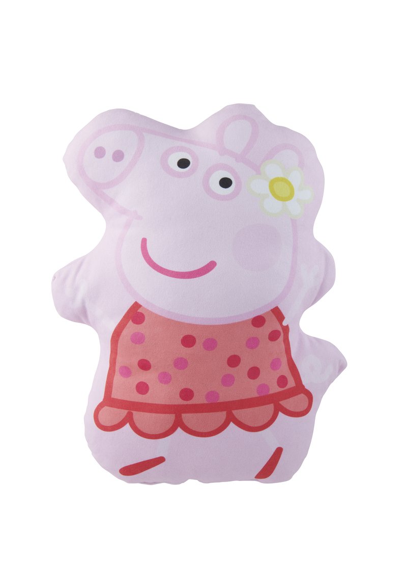 Cuscino di peluche rosa a forma di maialino dei cartoni, con un volto sorridente, grandi occhi e un vestito a pois rossi con un accento floreale.