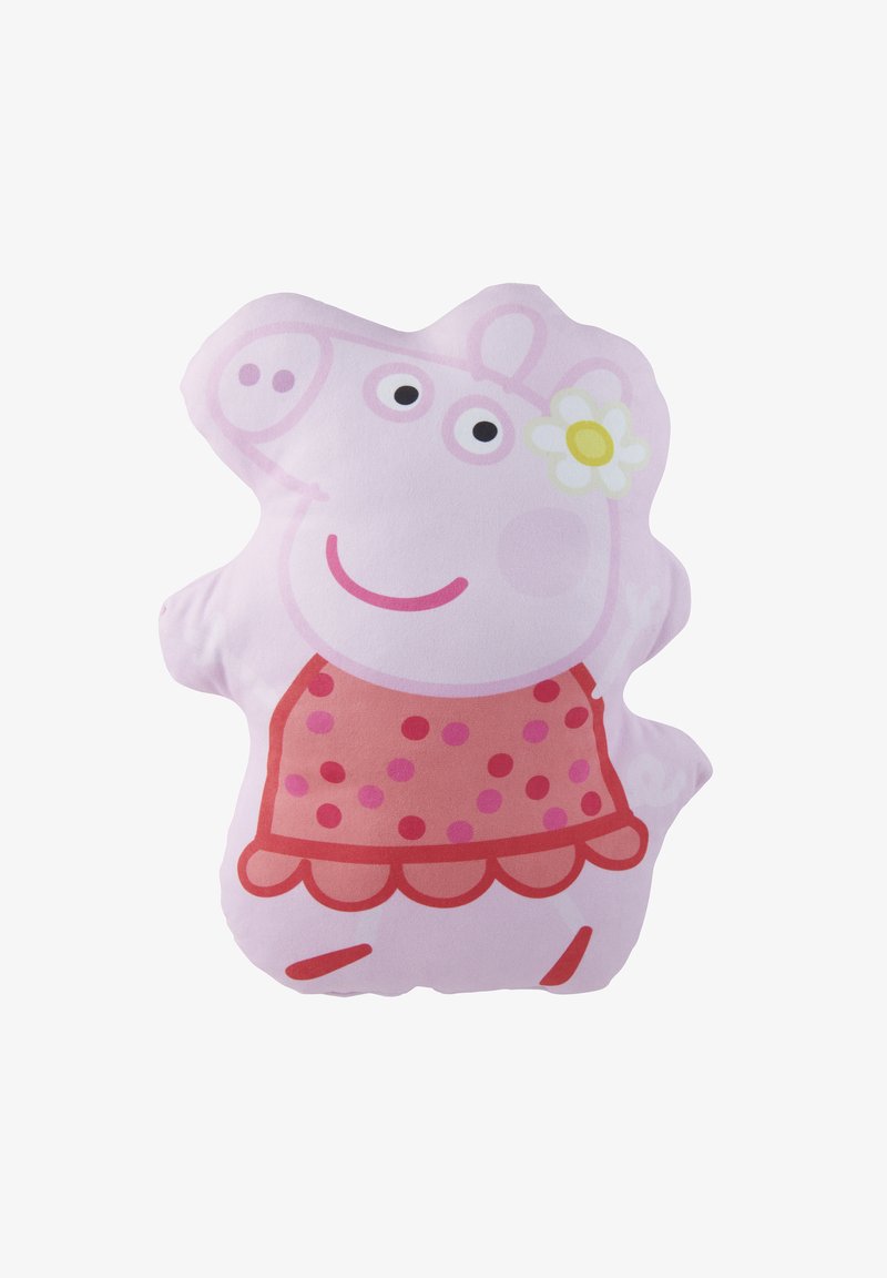Cuscino di peluche rosa a forma di maialino dei cartoni, con un volto sorridente, grandi occhi e un vestito a pois rossi con un accento floreale.