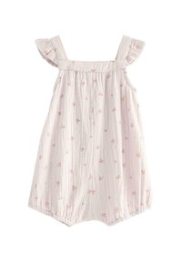 Romper in mussola rosa con spalline arricciate e fantasie floreali. Aperture per le gambe elasticizzate e una finitura texturizzata arricchiscono il design.