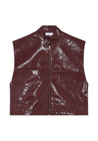 Burgundy ilmaüki vest läikivas, tekstureeritud materjalis, millel on ees luku ja kaks külgtaskut. Seisev krae lisaks detailiks.