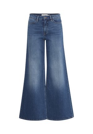 Kõrge vöökohaga sinised teksapüksid laiade sääreosadega, viie taskuga ning eest nööpide ja luku sulgumisega, esitatuna lamedalt valgel taustal.