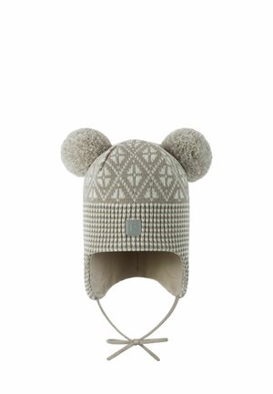 Berretto in maglia in beige e bianco con motivo, dotato di due grandi pompon sulla parte superiore e lacci per il mento, progettato per il freddo.