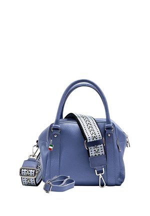 Light blue leather handbag with dual top handles, silver hardware, and a detachable black-and-white patterned strap. Front zip pocket included.
