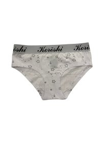 Beli bombažni tangice z sivim elastikom, na katerem je napis "Koröshi", okrašene z črnimi zvezdastimi motivi in majhnimi pikami po celotnem materialu.