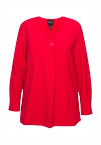 Maglietta rossa a maniche lunghe con scollatura a V e chiusura con un solo bottone, caratterizzata da un tessuto testurizzato e una vestibilità ampia, adatta per un look informale.