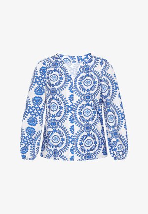 Biała bluzka z długim rękawem z niebieskimi kwiatowymi i okrągłymi wzorami liści, elastycznymi mankietami i dekoltem w szpic.