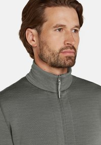 Grijze zip-up pullover met een hoge kraag, gemaakt van een gladde, textuurstof en met contrasterende ritsdetails.