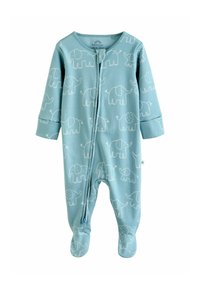 Blue baby onesie with white cartoon elephant prints, long sleeves, footed legs, and a front zipper closure.