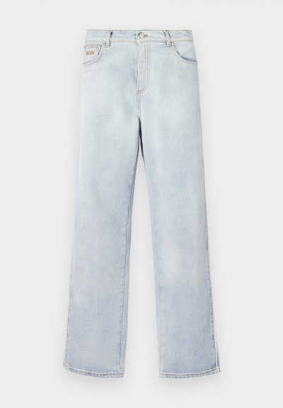 Gai zila džinsu bikses ar taisnu kāju dizainu, ar pogu aizdari, piecām kabatām un kontrastējošiem diegiem.