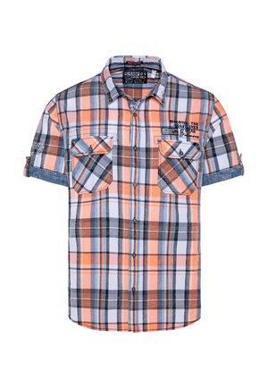 Kurzärmliges kariertes Hemd mit orange, marineblauen und weißen Karomustern. Enthält zwei Brusttaschen und einen Kentkragen.