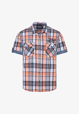 Kurzärmliges kariertes Hemd mit orange, marineblauen und weißen Karomustern. Enthält zwei Brusttaschen und einen Kentkragen.