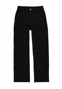 Zwarte, wijde broek met een gestructureerde stof, voorzien van een sluiting met een knoop aan de voorkant en twee zijzakken.