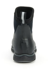 Waterproof black ankle boot with a textured finish, gray sole, and a reinforced heel. Features a narrow elasticated collar with white stripes.