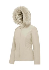 Giacca isolante beige con cappuccio foderato in pelliccia sintetica, esterno liscio, tasca laterale con cerniera e silhouette aderente.