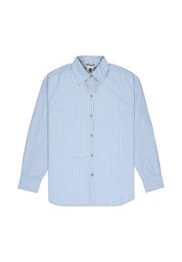 Ανοιχτό μπλε πουκάμισο μακρυμάνικο με κάθετες λευκές και μπεζ ρίγες και μυτερό γιακά.
