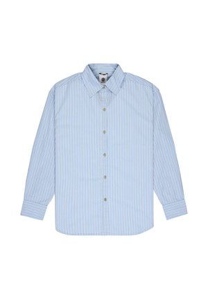 Svetlomodrá košeľa s dlhými rukávmi na zapínanie na gombíky, s bielymi a béžovými vertikálnymi pruhmi a špicatým golierom.