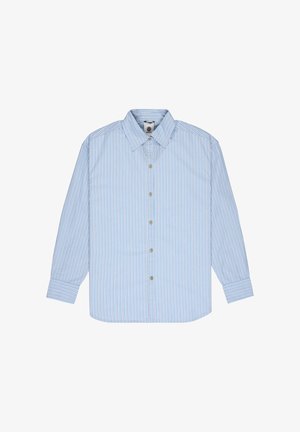 Light blue long-sleeve button-up shirt with white and beige vertical stripes and a pointed collar.