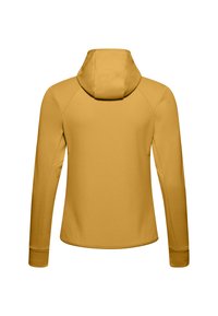 Giacca gialla con cappuccio, maniche lunghe, texture liscia, design aderente e orlo curvo. Presenta maniche raglan per una maggiore mobilità.