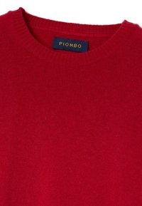 Roter Strickpullover mit geripptem Rundhalsausschnitt. Verfügt über ein blaues Etikett mit der goldenen Aufschrift "PIOMBO". Weiche Textur und einfarbiges Design.