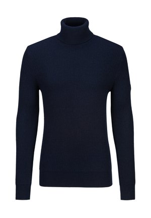 Dunkelblauer, gerippter Strickrollkragenpullover mit langen Ärmeln und enganliegenden Bündchen.