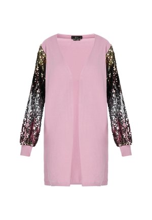 Pink cardigan with a deep V-neck and open front. Long sleeves feature a gradient of sequins in black, silver, and gold tones.