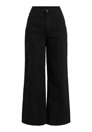 Pantaloni a gamba larga neri in denim di cotone. Caratterizzati da vita alta, design a cinque tasche e chiusura frontale con bottone. Texture liscia.