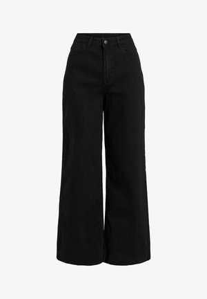 Pantaloni a gamba larga neri in denim di cotone. Caratterizzati da vita alta, design a cinque tasche e chiusura frontale con bottone. Texture liscia.