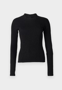 Crni longsleeve top s pripijenim dizajnom, teksturiranim materijalom i visokim ovratnikom. Ima skrivenu zatvarač na leđima za zatvaranje.