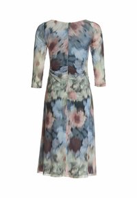 Jurk met bloemenprint en driekwartmouwen, met een mix van blauwe, groene en roze tinten. Zachte stof, taille aangesnoerd, ritssluiting aan de achterkant.