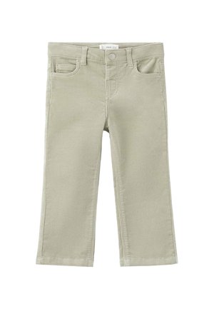 Pantaloni dintr-un amestec de bumbac verde deschis, cu o croială dreaptă, buzunare frontale și închidere cu knop la talie. Textură moale și detalii minime.