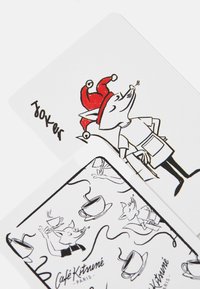 Two illustrated cards: one with a fox in a red Santa hat, the other features various foxes and coffee cups, both on a white background.