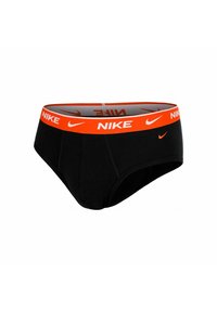 Bañadores negros de Nike para hombre con una cinturilla naranja que presenta el logo y el swoosh de Nike en blanco.
