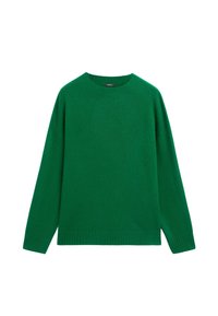 Grüner Langarm-Pullover mit Rundhalsausschnitt aus Strick, mit gerippten Bündchen und Saum, flach auf einem weißen Hintergrund ausgelegt.