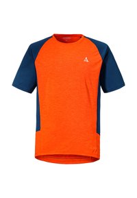 Oranžová sportovní tričko s krátkým rukávem, s námořnickými panelovými akcenty, texturovanými bočními částmi a designem s kulatým výstřihem. Na přední straně se nachází logo.