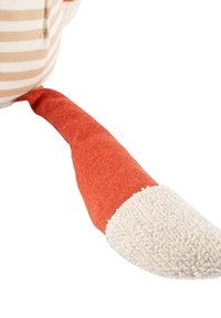 Stuffed toy fox tail, orange fabric with white textured tip, attached to beige and white striped body.