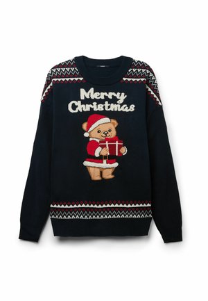 Dunkelblauer Pullover mit festlichem Strickmuster, featuring einen Teddybären in einem Weihnachtsmannhut und "Frohe Weihnachten" Stickerei auf der Vorderseite.