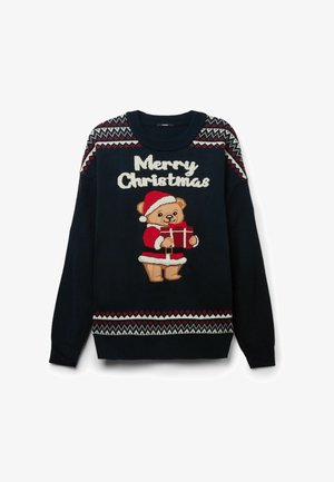 Dunkelblauer Pullover mit festlichem Strickmuster, featuring einen Teddybären in einem Weihnachtsmannhut und "Frohe Weihnachten" Stickerei auf der Vorderseite.