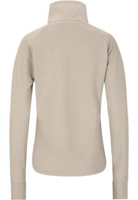 Lichtbeige langemouwen top met een hoge kraag, gladde textuur en aansluitend ontwerp. Bevat raglanmouwen en een rechte zoom.