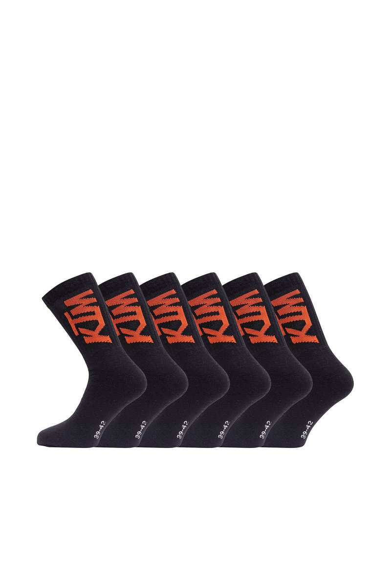 Chaussettes en coton noir dans un paquet de six, avec un motif géométrique orange et un logo sur la cheville. Longueur standard de type crew avec une texture lisse.