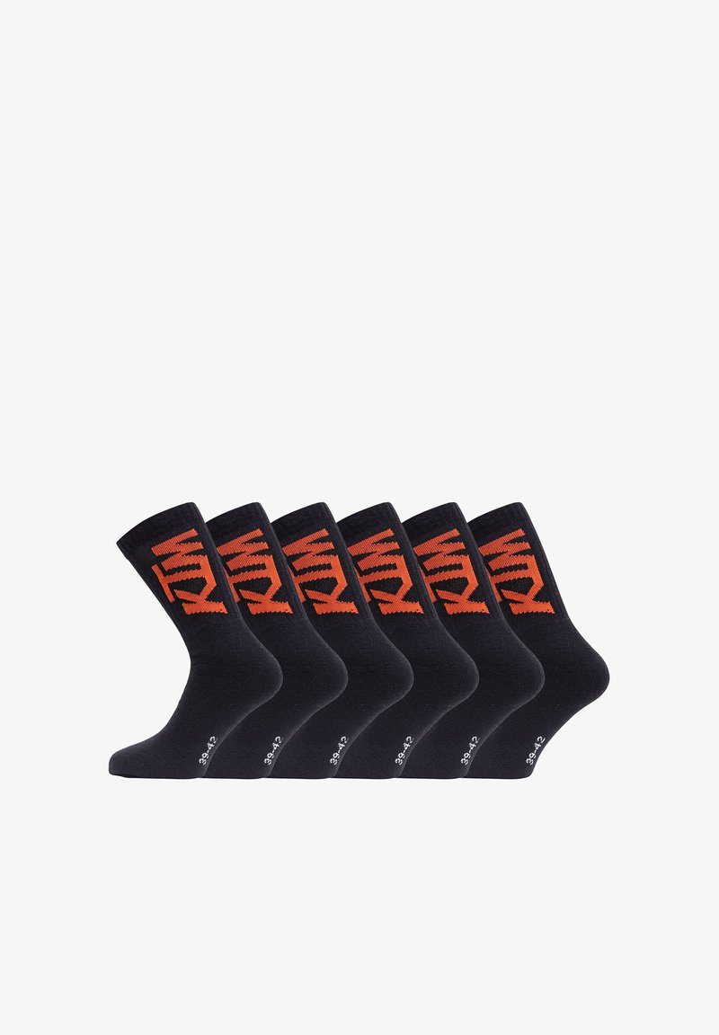 Chaussettes en coton noir dans un paquet de six, avec un motif géométrique orange et un logo sur la cheville. Longueur standard de type crew avec une texture lisse.