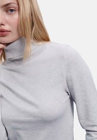 Hellgrauer, gerippter Rollkragensweater mit figurbetontem Schnitt, weichem Material und langen Ärmeln, der dezente Nähtdetails an den Schultern aufweist.