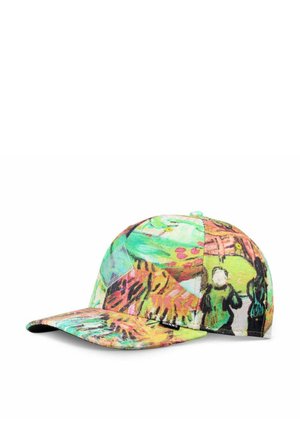Colorful cap featuring various abstract patterns, predominantly greens and yellows, with a solid black brim and a fabric logo tag.
