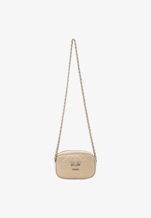 Beige quilted leather crossbody bag with a silver chain strap and logo detail. Oval shape with smooth texture and zip closure.